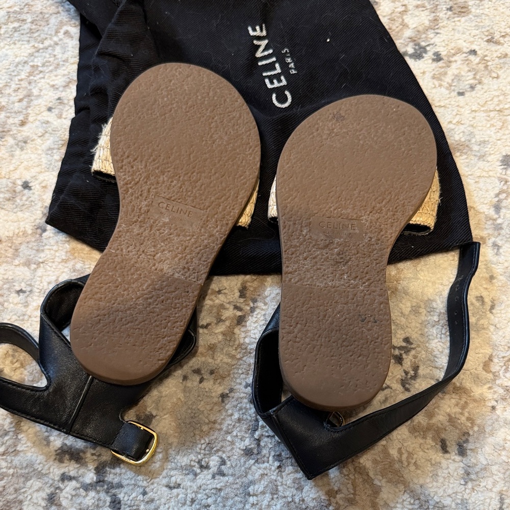 Celine Black Leather & Natural Raffia Slide Sandals - Picture 2 of 4